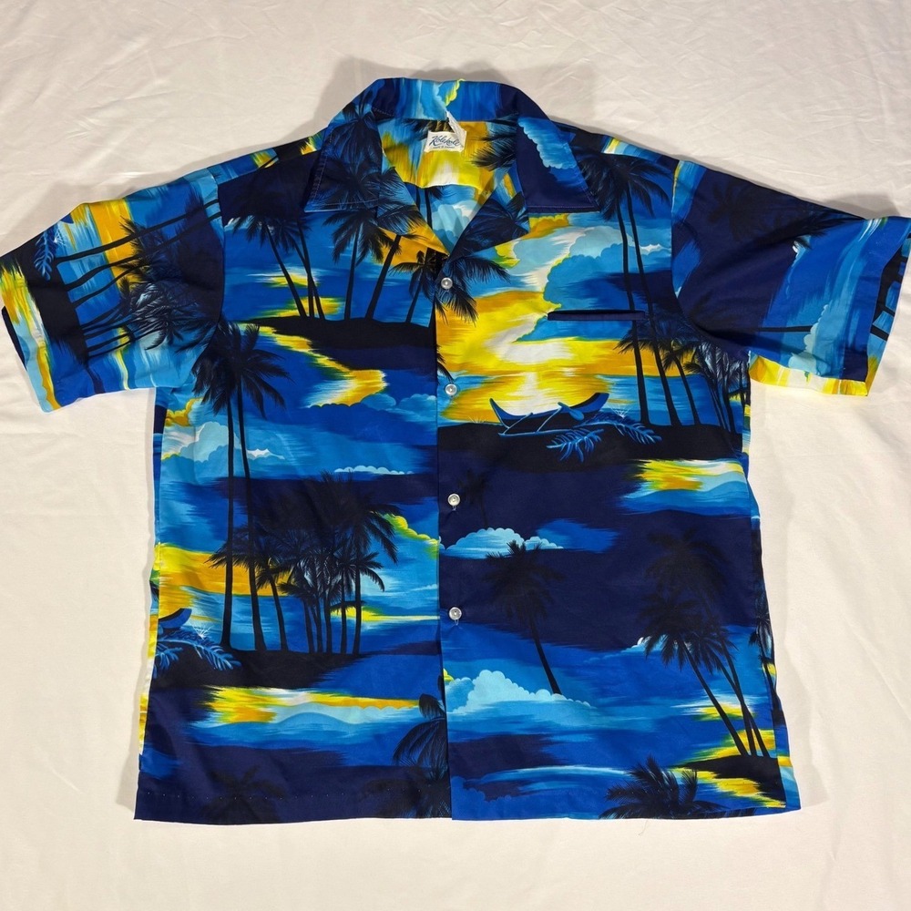 Kolekole Hawaii Mens Blue Tropical Sunset Palm Tree Button Down Shirt XL 50-112